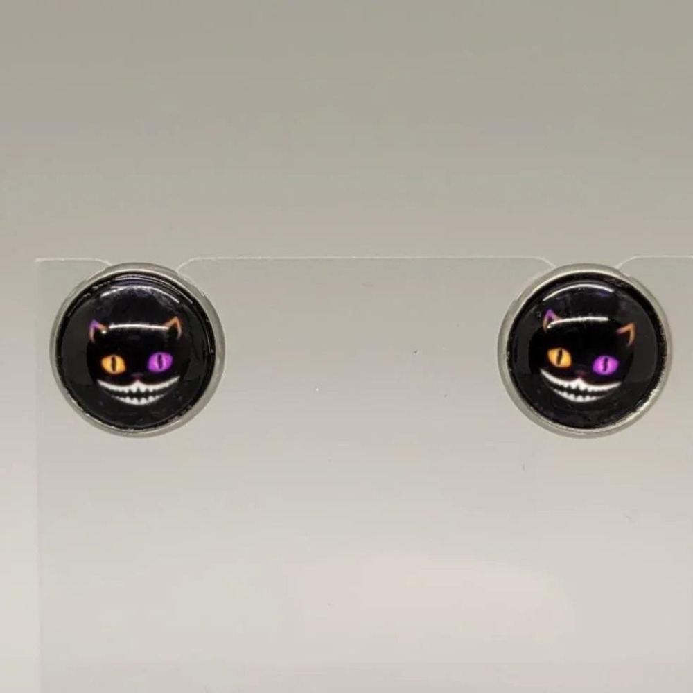 Cheshire Cat Stud Earrings, Stainless Steel, 10mm Halloween Jewelry, Geek Gift
